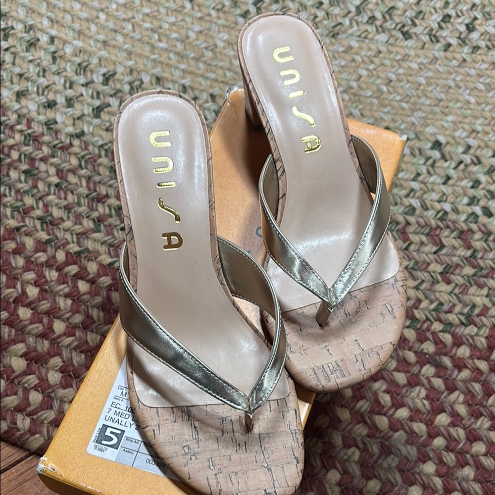Unisa Metallic Gold Cork-Effect Thong Heel Sandals